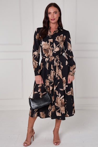 Black Mocha Statement Floral Midi Shirt Dress