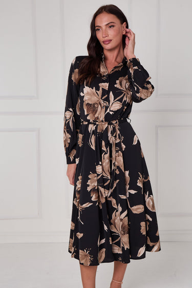 Black Mocha Statement Floral Midi Shirt Dress