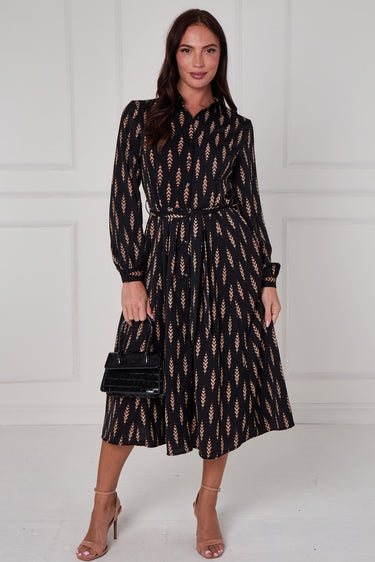 Black Camel Chevron Petal Midi Shirt Dress