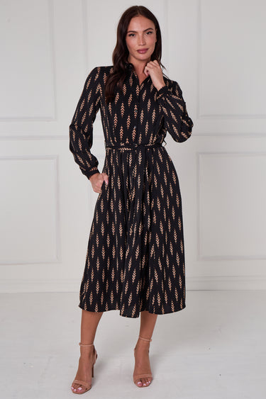 Black Camel Chevron Petal Midi Shirt Dress