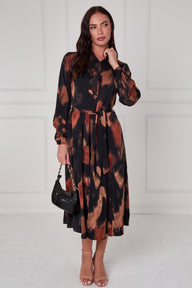 Brown Abstract Print Midi Shirt Dress