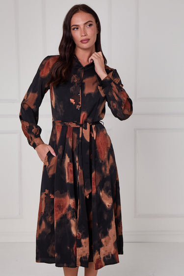 Brown Abstract Print Midi Shirt Dress