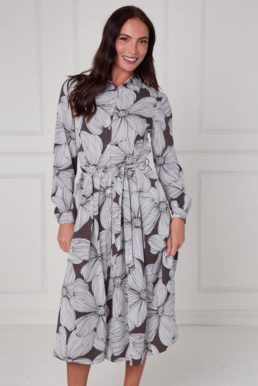 Taupe Oversized Floral Line Print Midi Shirt Dress