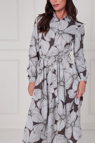 Taupe Oversized Floral Line Print Midi Shirt Dress