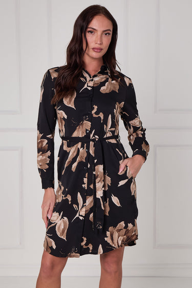 Black Mocha Statement Floral Mini Shirt Dress