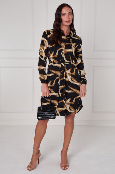 Black and Gold Abstract Swirl Print Mini Shirt Dress