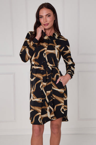 Black and Gold Abstract Swirl Print Mini Shirt Dress