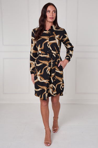 Black and Gold Abstract Swirl Print Mini Shirt Dress
