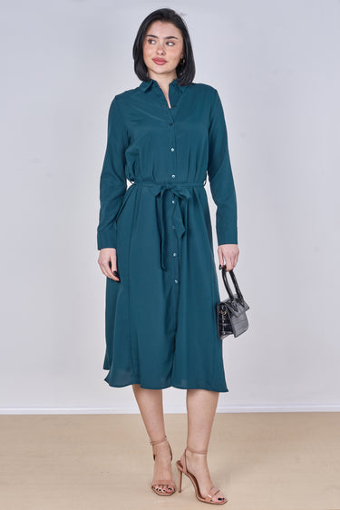 Teal Plain Belted Midi Shirt Dress