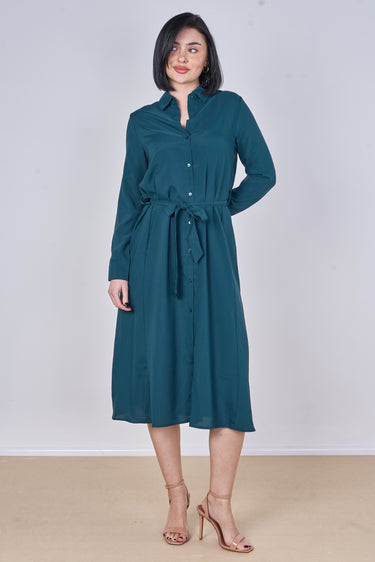 Teal Plain Belted Midi Shirt Dress