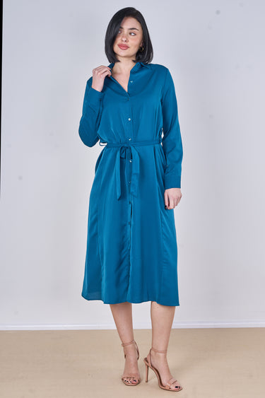 Peacock Blue Plain Belted Midi Shirt Dress