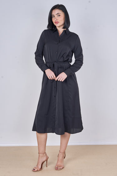 Black Plain Belted Midi Shirt Dress