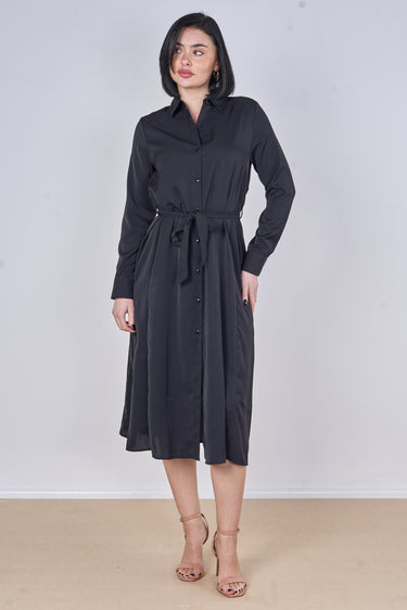 Black Plain Belted Midi Shirt Dress