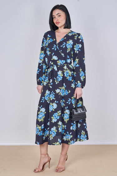 Blue Rose Floral Print Belted Crossover Midi Dress