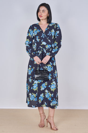 Blue Rose Floral Print Belted Crossover Midi Dress