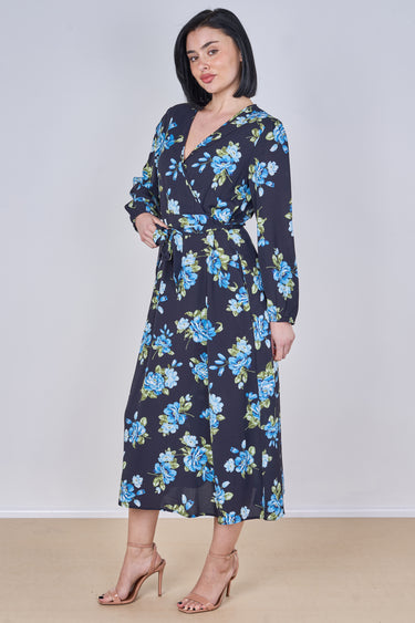 Blue Rose Floral Print Belted Crossover Midi Dress