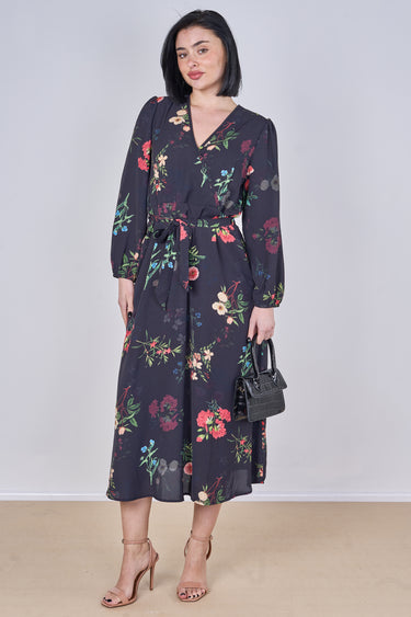 Black Floral Print Belted Crossover Midi Dress