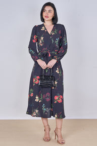 Black Floral Print Belted Crossover Midi Dress