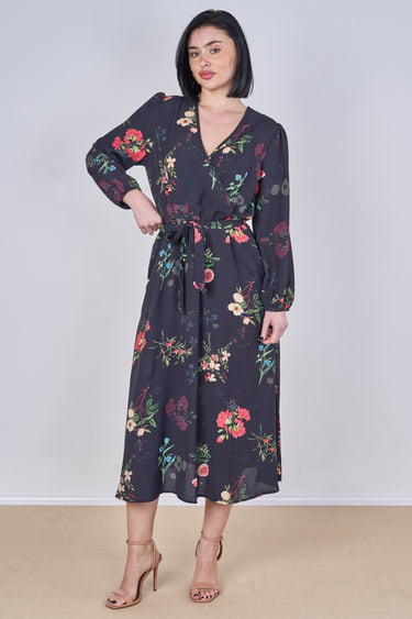 Black Floral Print Belted Crossover Midi Dress