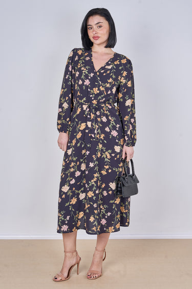 Black Vintage Floral Belted Crossover Midi Dress
