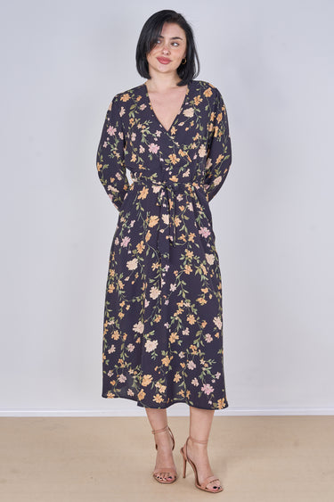 Black Vintage Floral Belted Crossover Midi Dress