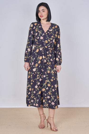 Black Vintage Floral Belted Crossover Midi Dress