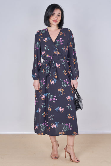 Navy Floral Print Belted Crossover Midi Dress