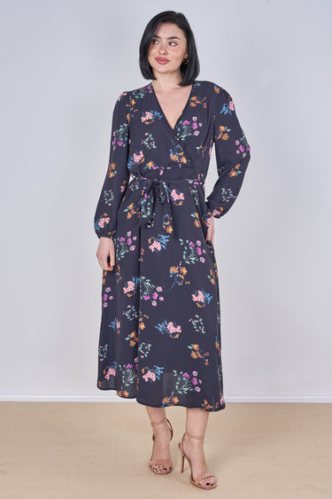 Navy Floral Print Belted Crossover Midi Dress