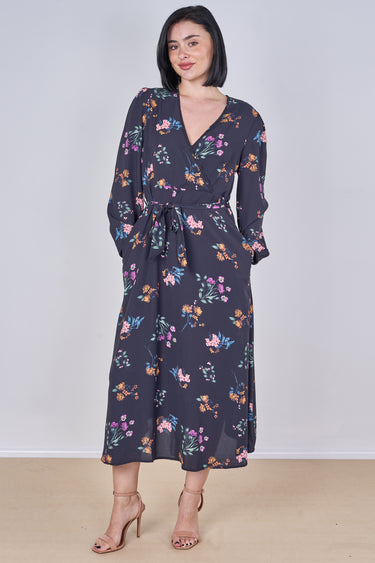 Navy Floral Print Belted Crossover Midi Dress