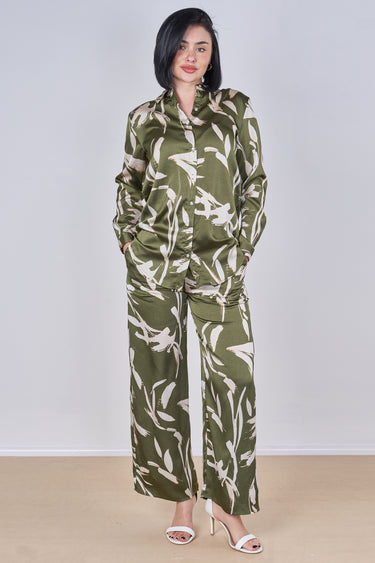 Olive Abstract Leaf Print Co-Ord Set