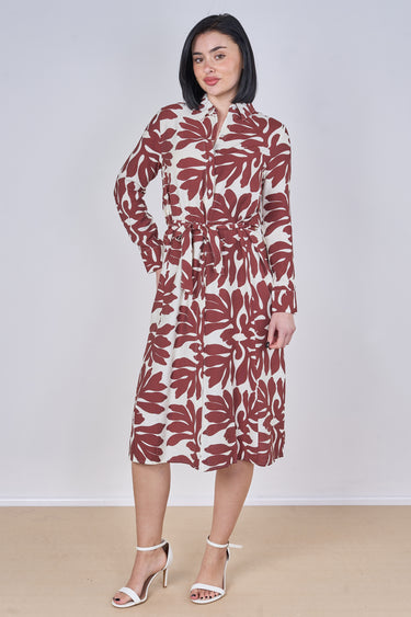 Coral Leaf Print Belted Midi Shirt Dress
