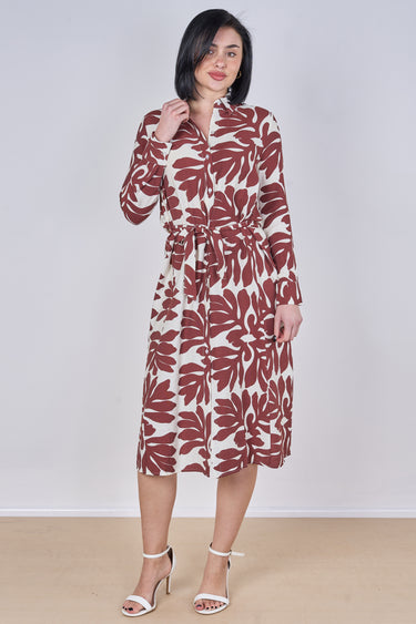 Coral Leaf Print Belted Midi Shirt Dress