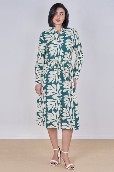Teal Leaf Print Belted Midi Shirt Dress