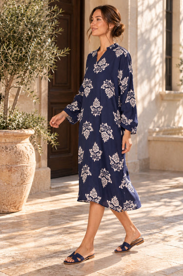 Navy Blue Ornamental Floral Print Kaftan Midi Dress