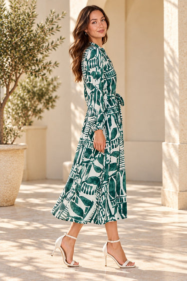 Love Sunshine Emerald Green Abstract Print Tie Waist Midi Dress auto-20 Brunch Dress Dress with Pockets Dresses Everyday Dress Garden Party Dress Going Out Dress Holiday Dress Long Sleeve Dress LS-2258 Summer Dress Tea Dress Wedding Guest Dress