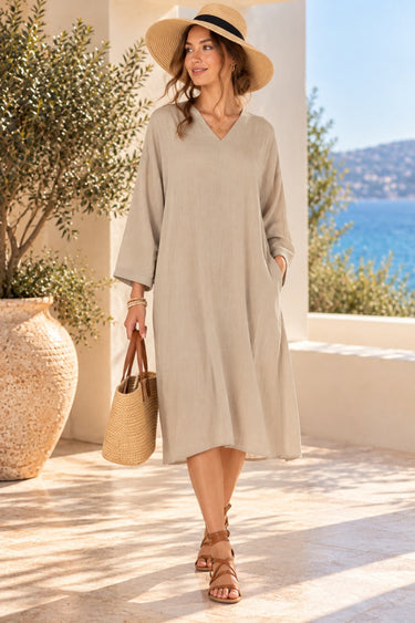 Stone Beige V-Neck Kaftan Midi Dress