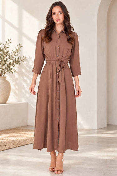 Mocha Textured Belted Maxi Shirt Dress