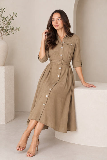 Love Sunshine Taupe Utility Belted Midi Shirt Dress Brunch Dress Casual Dress Dress with Pockets Dresses Everyday Dress Workwear Dress