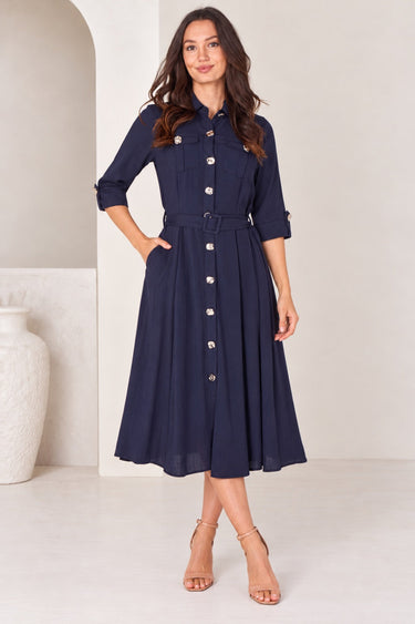 Love Sunshine Navy Utility Belted Midi Shirt Dress Brunch Dress Casual Dress Dress with Pockets Dresses Everyday Dress Workwear Dress