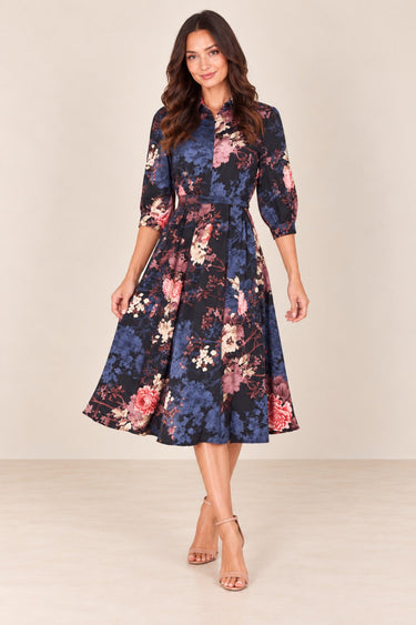 Love Sunshine Navy Vintage Floral Print Belted Midi Shirt Dress Brunch Dress Casual Dress Dress with Pockets Dresses Everyday Dress LS-2045 Workwear Dress