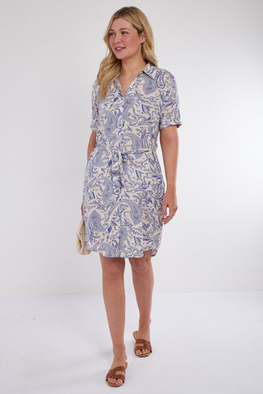 Blue Paisley Print Short Sleeve Mini Shirt Dress