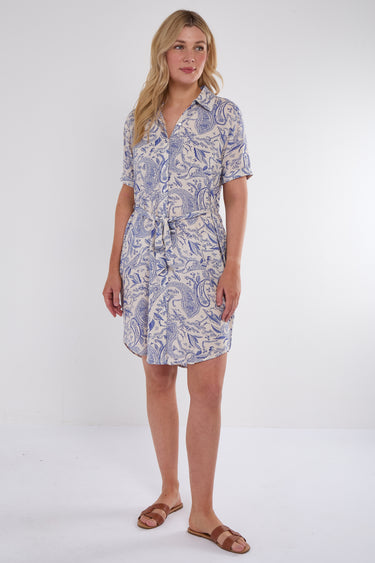 Blue Paisley Print Short Sleeve Mini Shirt Dress
