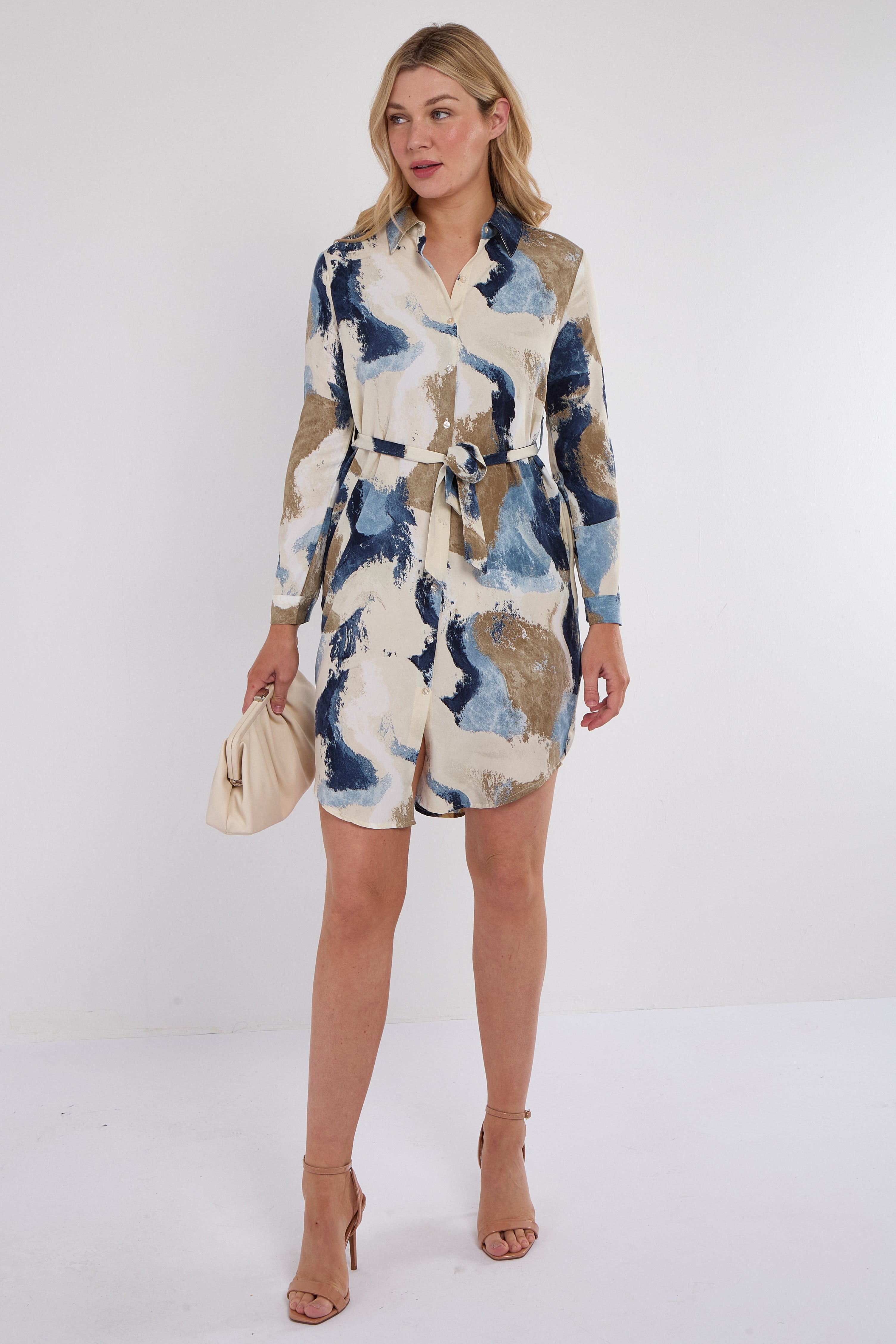 Blue Marbel Print Mini Shirt Dress