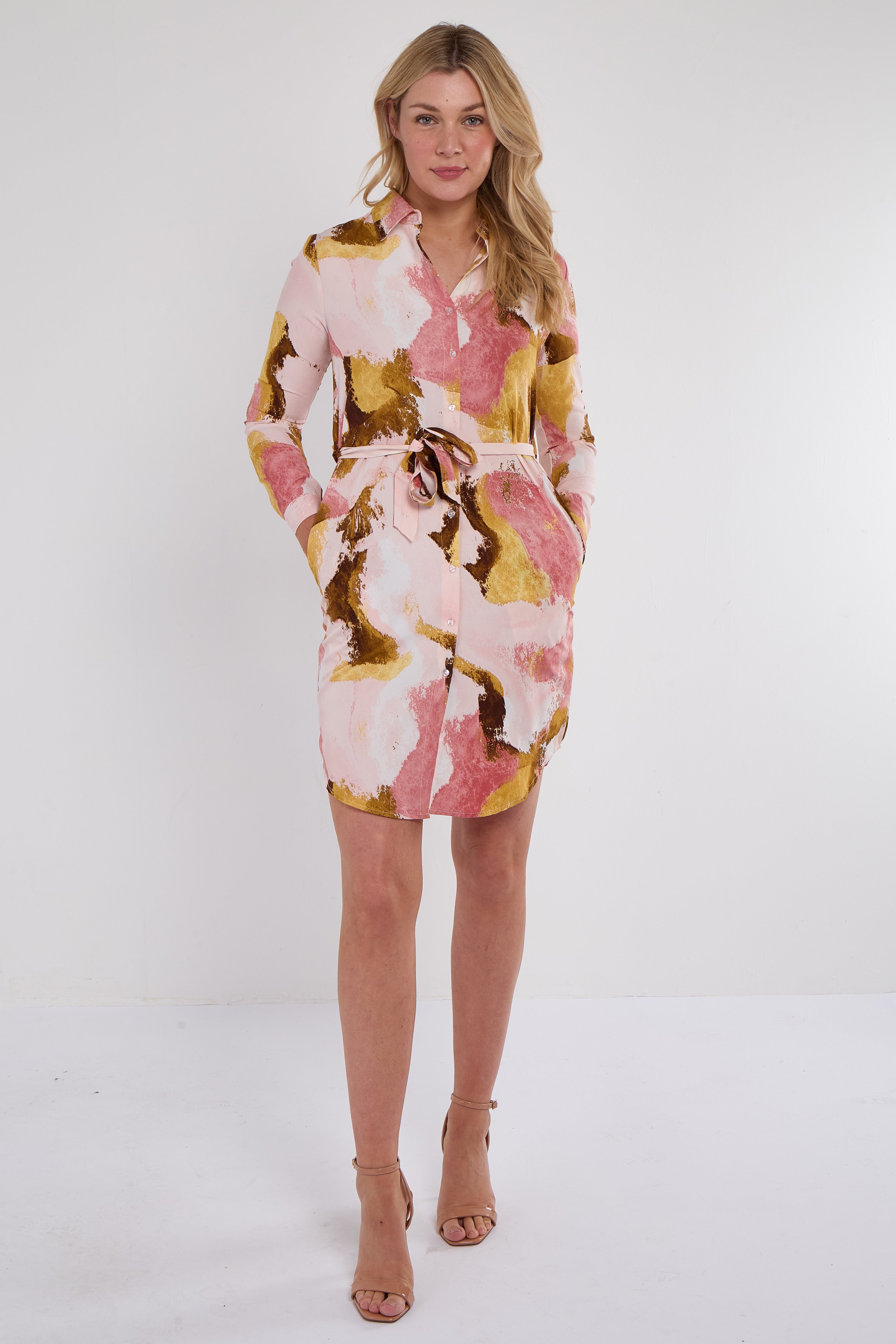 Pink Marbel Print Mini Shirt Dress
