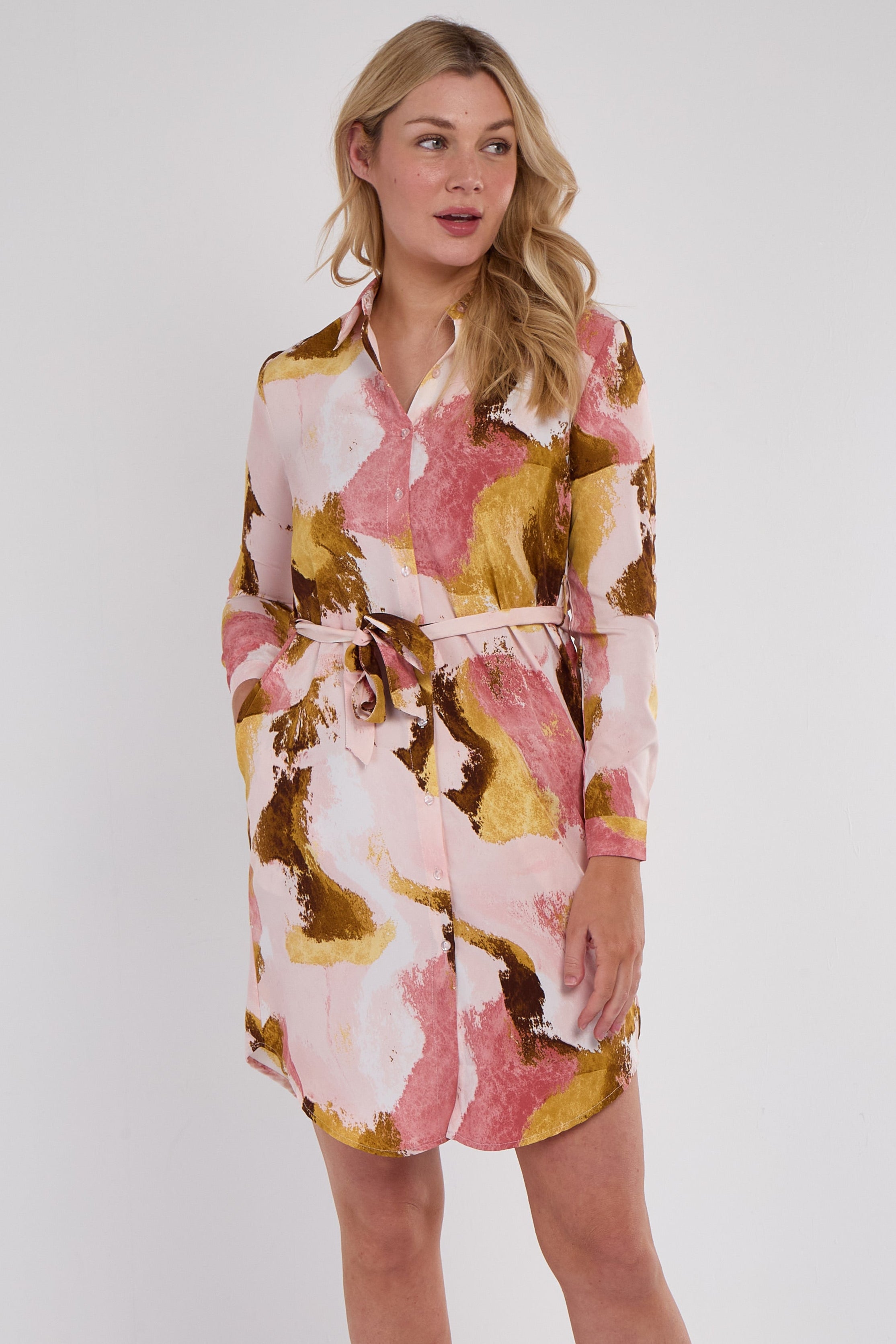 Pink Marbel Print Mini Shirt Dress