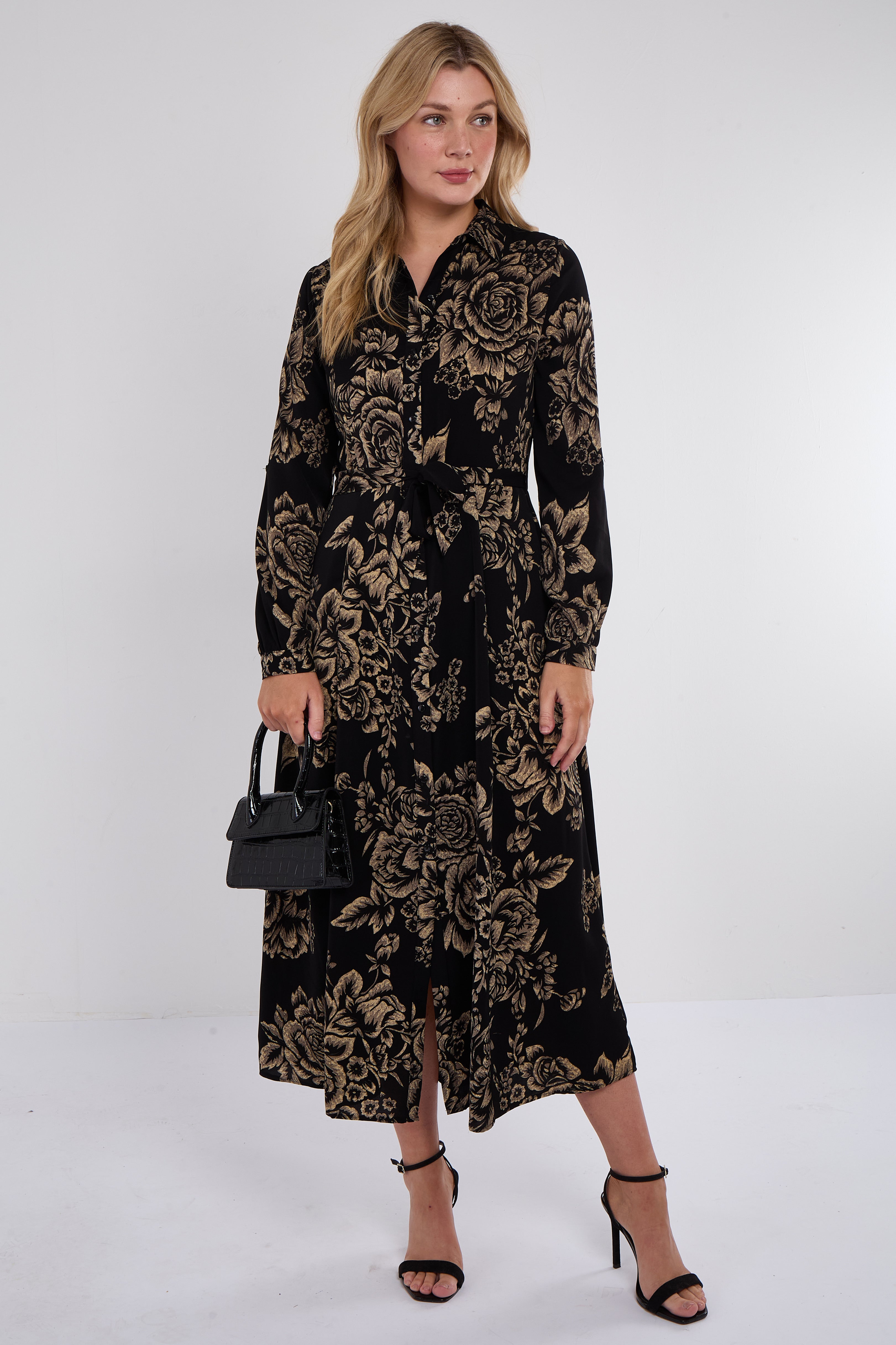 Black and Gold Vintage Rose Print Maxi Shirt Dress