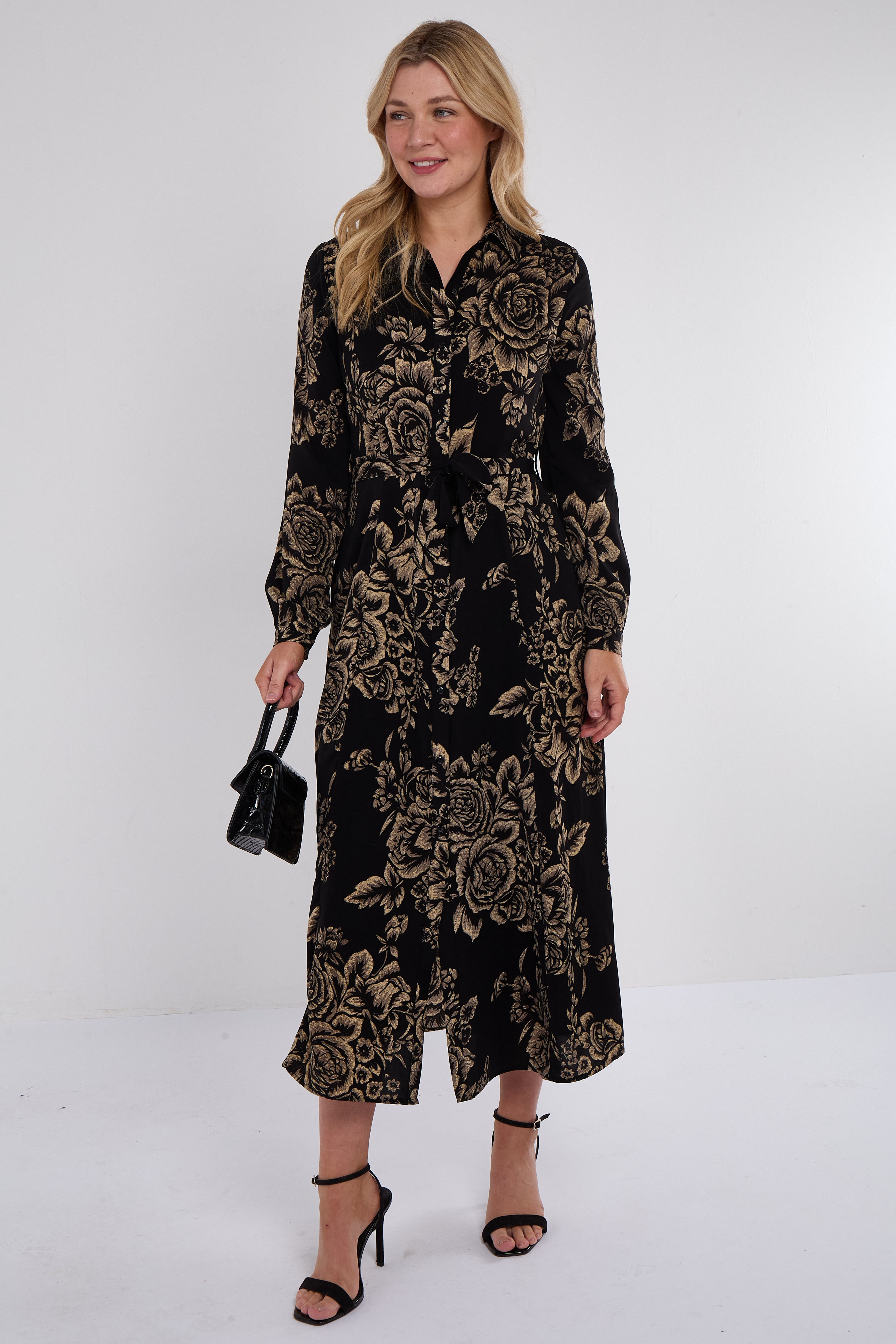 Black and Gold Vintage Rose Print Maxi Shirt Dress