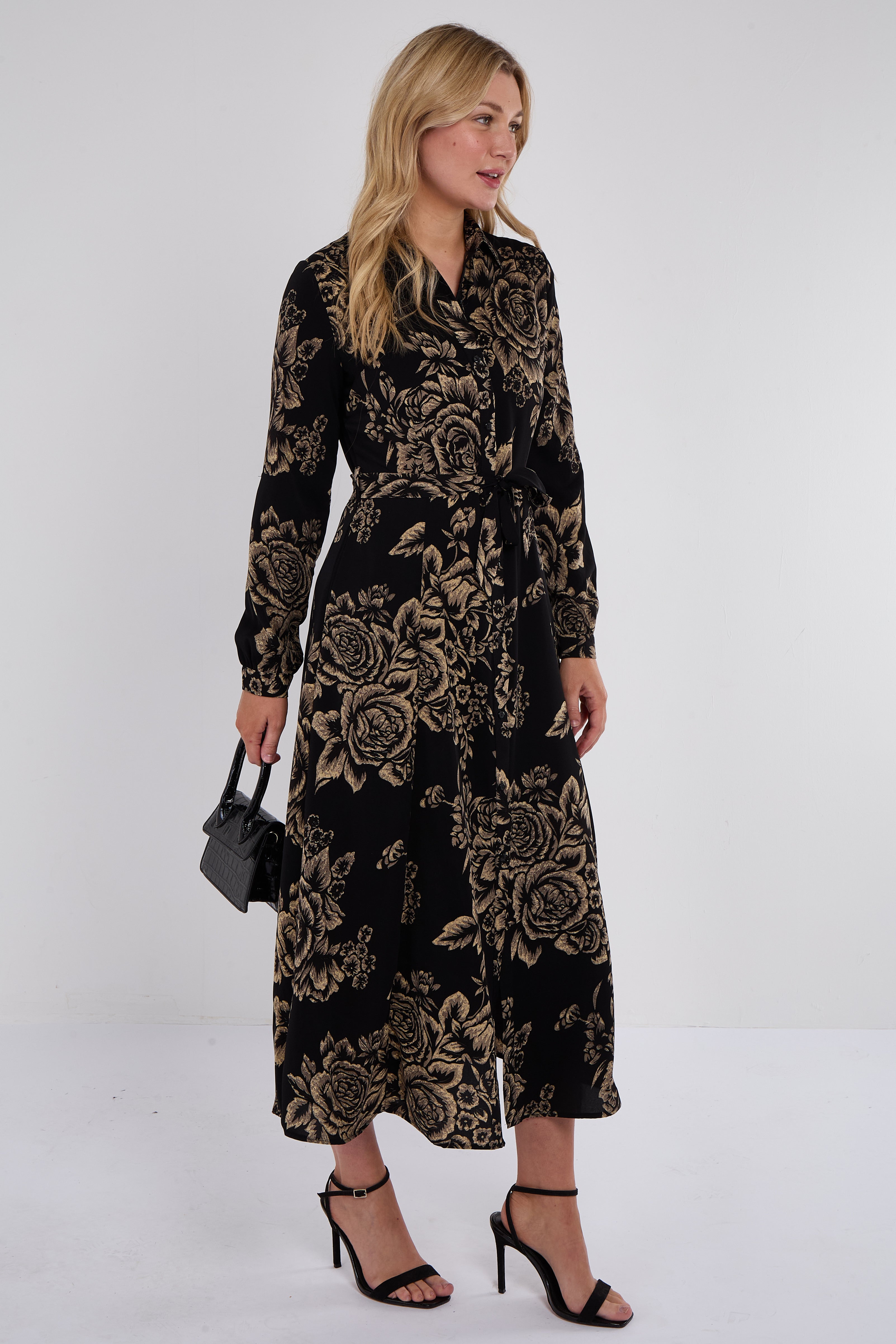 Black and Gold Vintage Rose Print Maxi Shirt Dress