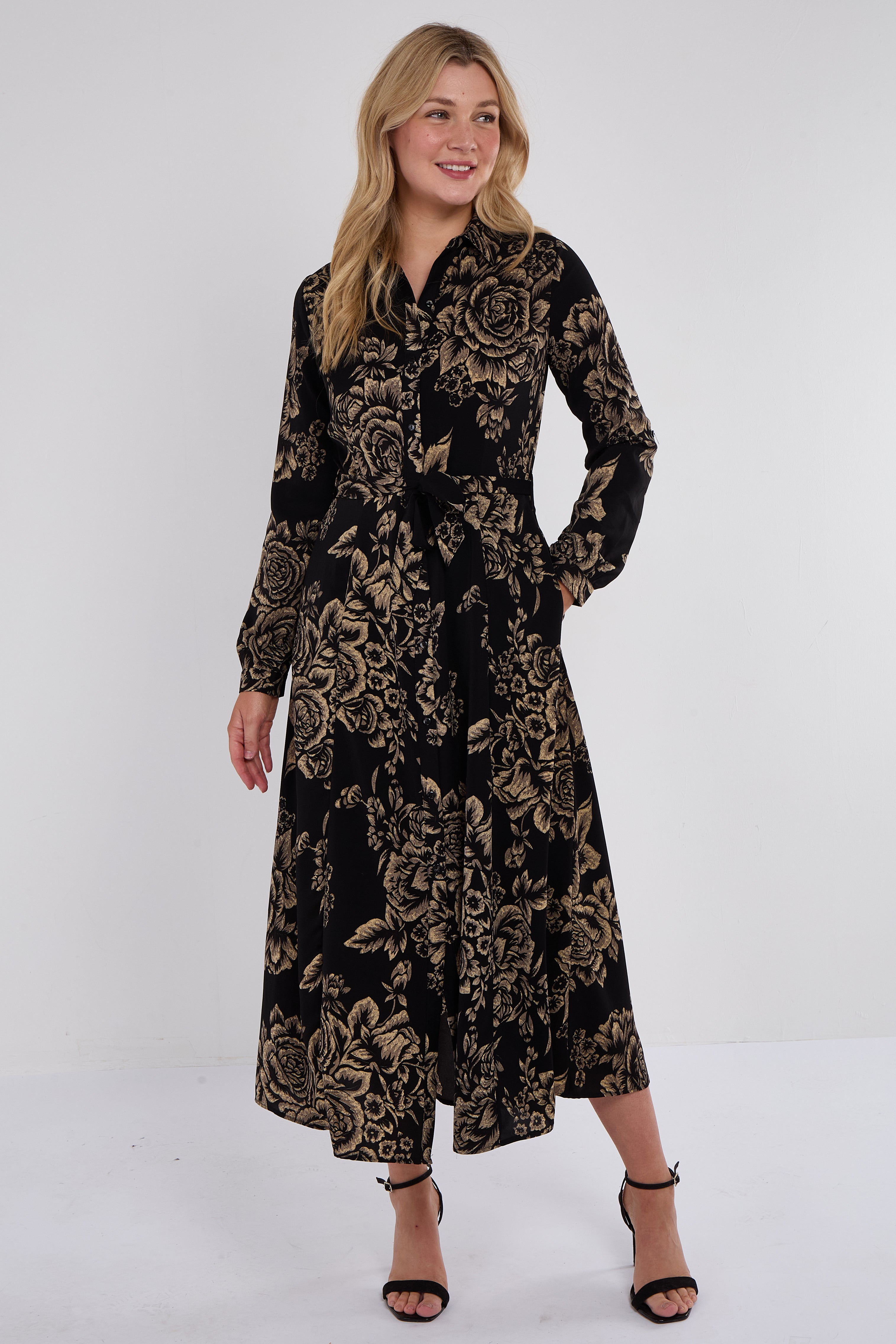 Black and Gold Vintage Rose Print Maxi Shirt Dress