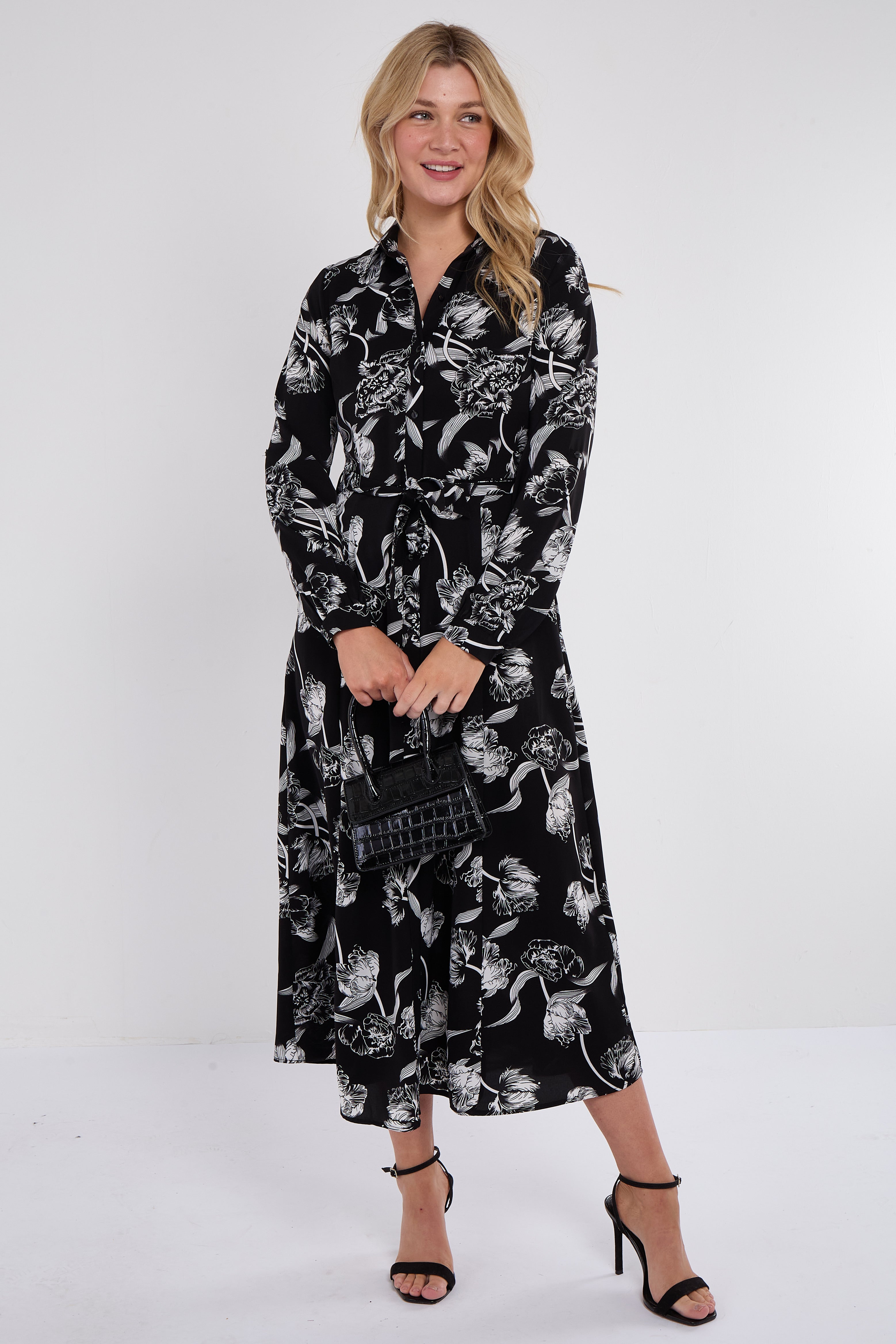 Black Floral Print Maxi Shirt Dres